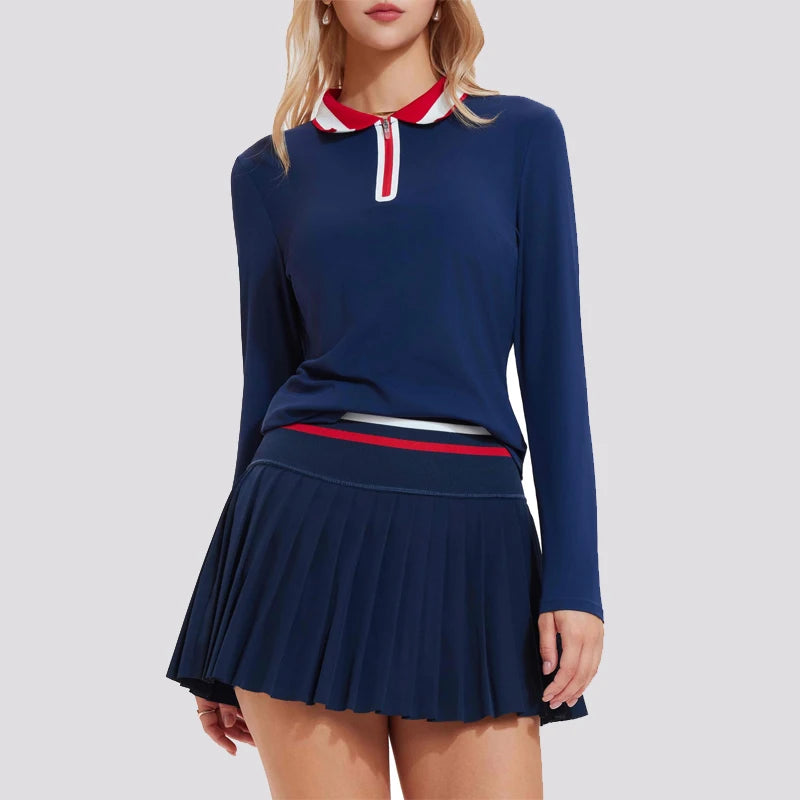 VITALINOVO Women's Tennis Skirt Set - 2 Piece Set: Color Block Zipper Polo Shirt and High Waist Skirt