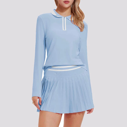 VITALINOVO Women's Tennis Skirt Set - 2 Piece Set: Color Block Zipper Polo Shirt and High Waist Skirt