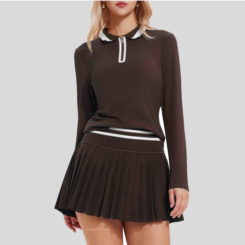 VITALINOVO Women's Tennis Skirt Set - 2 Piece Set: Color Block Zipper Polo Shirt and High Waist Skirt