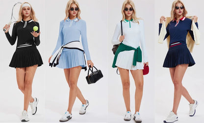 VITALINOVO Women's Tennis Skirt Set - 2 Piece Set: Color Block Zipper Polo Shirt and High Waist Skirt