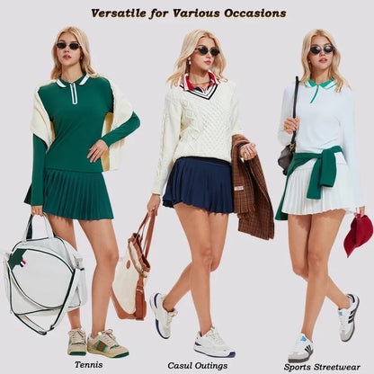 VITALINOVO Women's Tennis Skirt Set - 2 Piece Set: Color Block Zipper Polo Shirt and High Waist Skirt