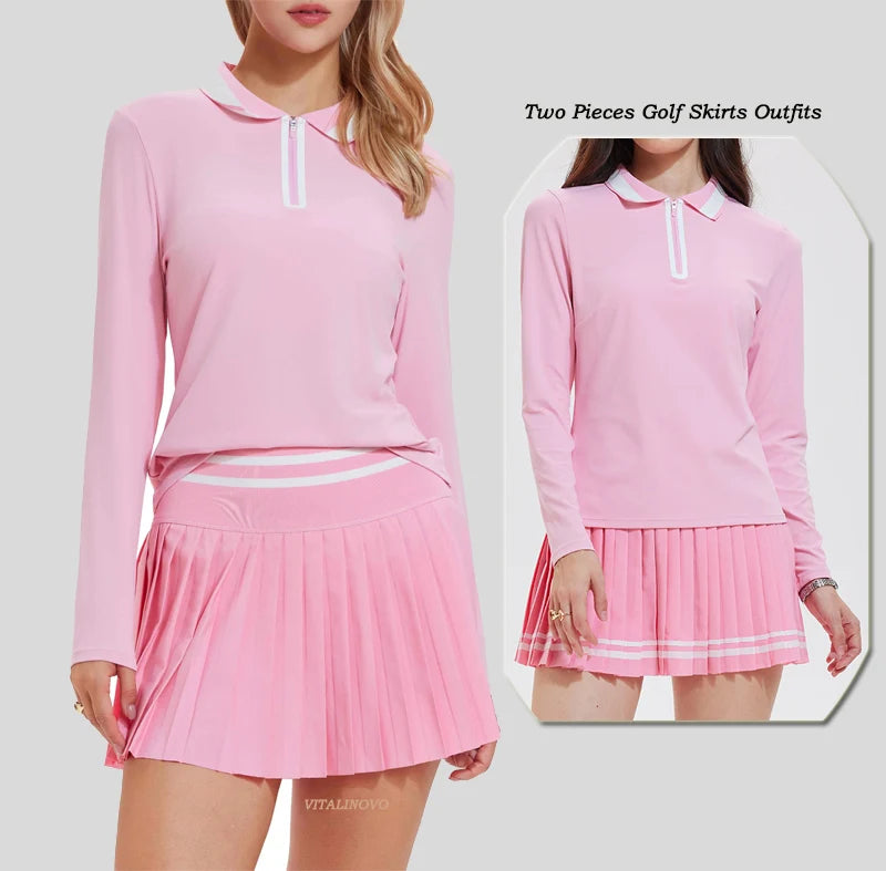 VITALINOVO Women's Tennis Skirt Set - 2 Piece Set: Color Block Zipper Polo Shirt and High Waist Skirt
