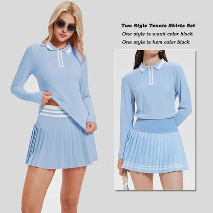 VITALINOVO Women's Tennis Skirt Set - 2 Piece Set: Color Block Zipper Polo Shirt and High Waist Skirt