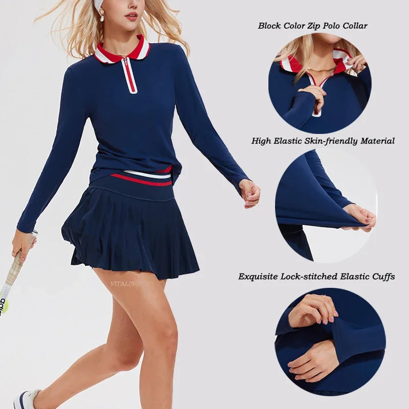 VITALINOVO Women's Tennis Skirt Set - 2 Piece Set: Color Block Zipper Polo Shirt and High Waist Skirt