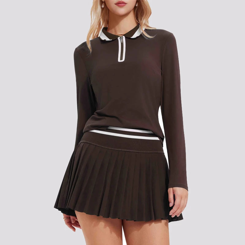 VITALINOVO Women's Tennis Skirt Set - 2 Piece Set: Color Block Zipper Polo Shirt and High Waist Skirt