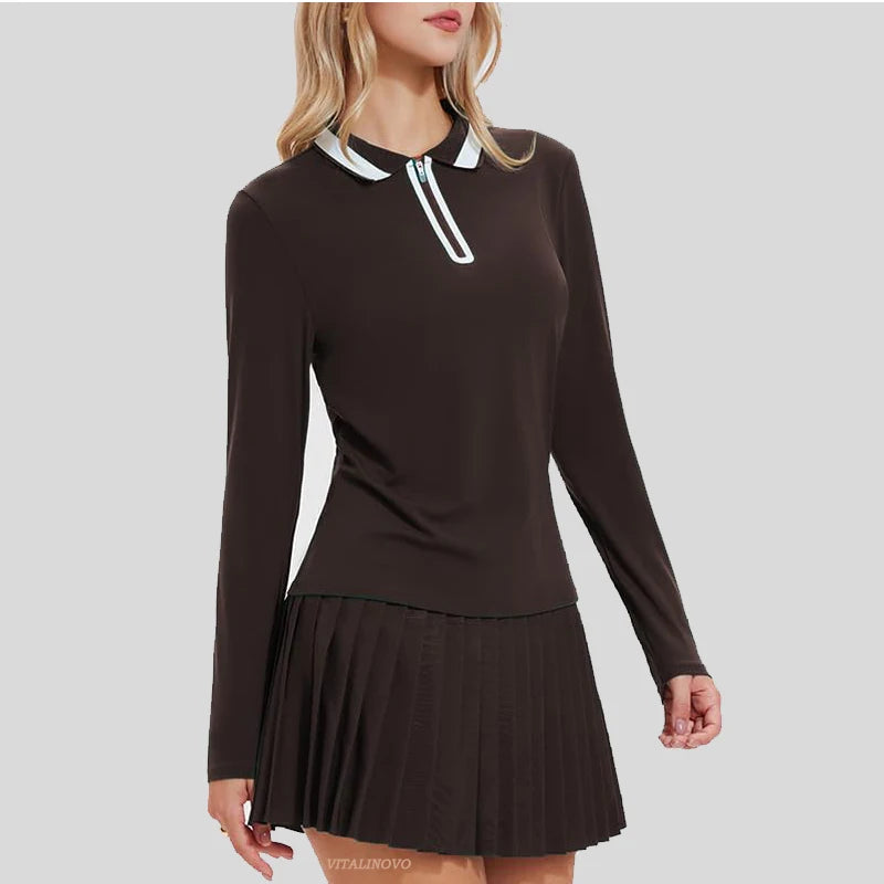 VITALINOVO Women's Tennis Skirt Set - 2 Piece Set: Color Block Zipper Polo Shirt and High Waist Skirt