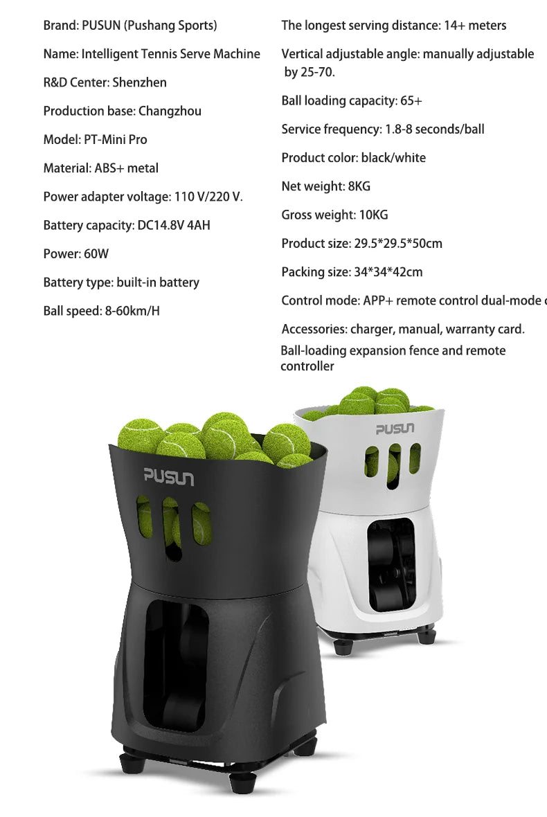 Máquina Lanzapelotas Tenis PUSUN PT-Mini Pro - Control App Smart 65+ Pelotas - Regalo Perfecto Navidad Tenistas