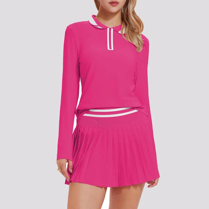 VITALINOVO Women's Tennis Skirt Set - 2 Piece Set: Color Block Zipper Polo Shirt and High Waist Skirt