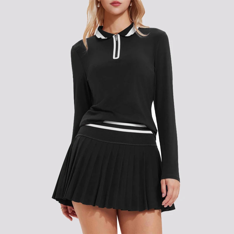 VITALINOVO Women's Tennis Skirt Set - 2 Piece Set: Color Block Zipper Polo Shirt and High Waist Skirt