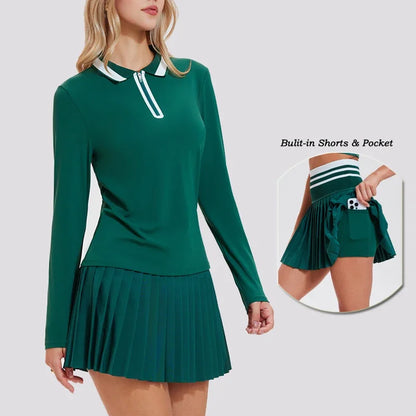 VITALINOVO Women's Tennis Skirt Set - 2 Piece Set: Color Block Zipper Polo Shirt and High Waist Skirt