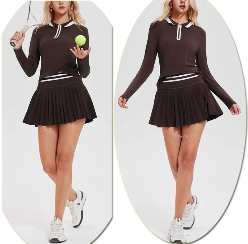 VITALINOVO Women's Tennis Skirt Set - 2 Piece Set: Color Block Zipper Polo Shirt and High Waist Skirt