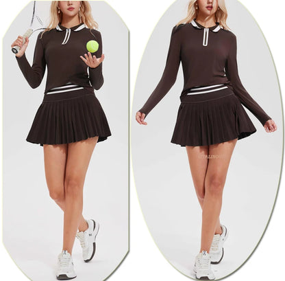 VITALINOVO Women's Tennis Skirt Set - 2 Piece Set: Color Block Zipper Polo Shirt and High Waist Skirt