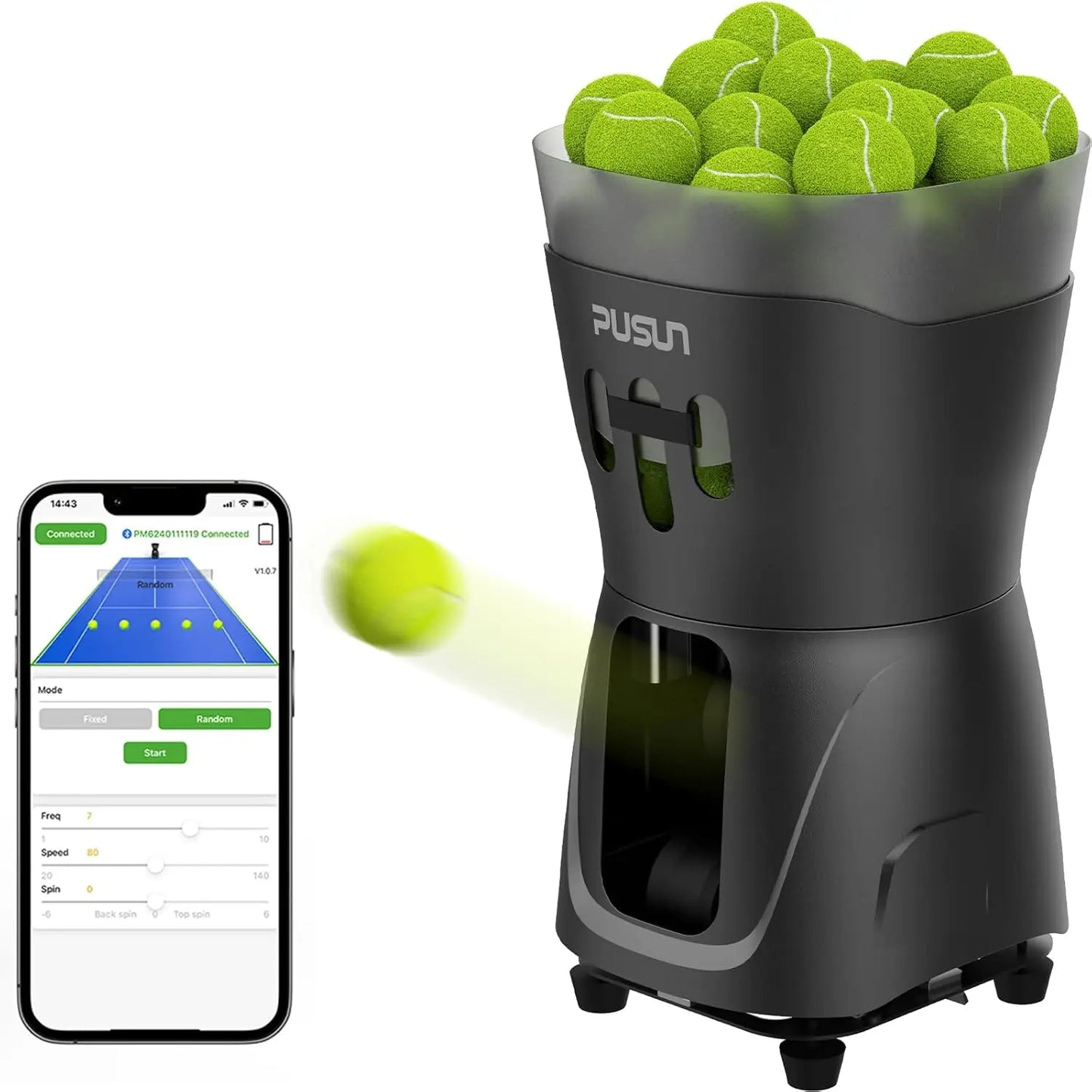 Máquina Lanzapelotas Tenis PUSUN PT-Mini Pro - Control App Smart 65+ Pelotas - Regalo Perfecto Navidad Tenistas