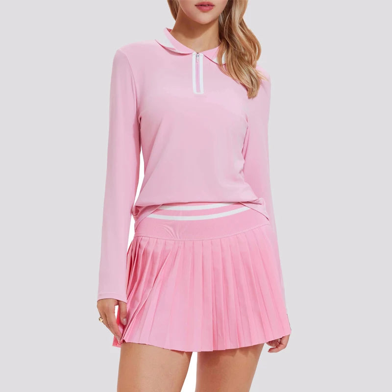 VITALINOVO Women's Tennis Skirt Set - 2 Piece Set: Color Block Zipper Polo Shirt and High Waist Skirt