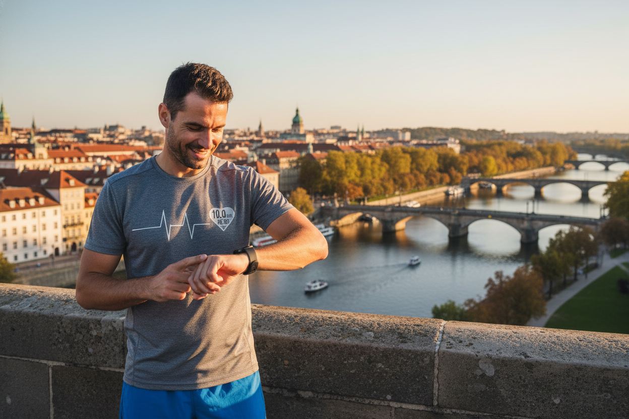 runner mirando su reloj despues de correr en una ciudad bonita